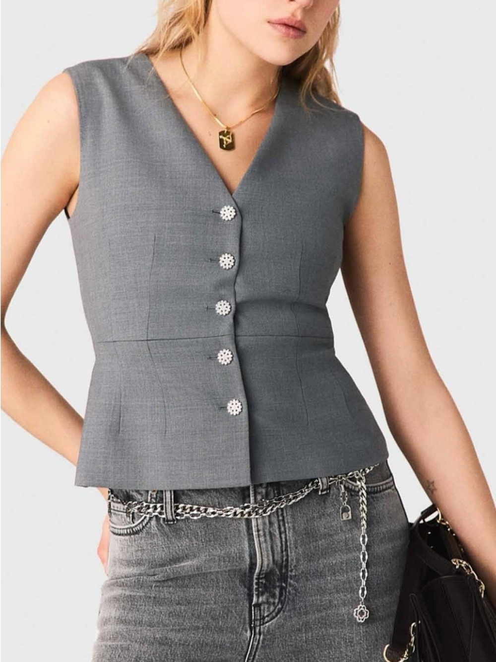 Sleeveless V-Neck Button Front Gray Top